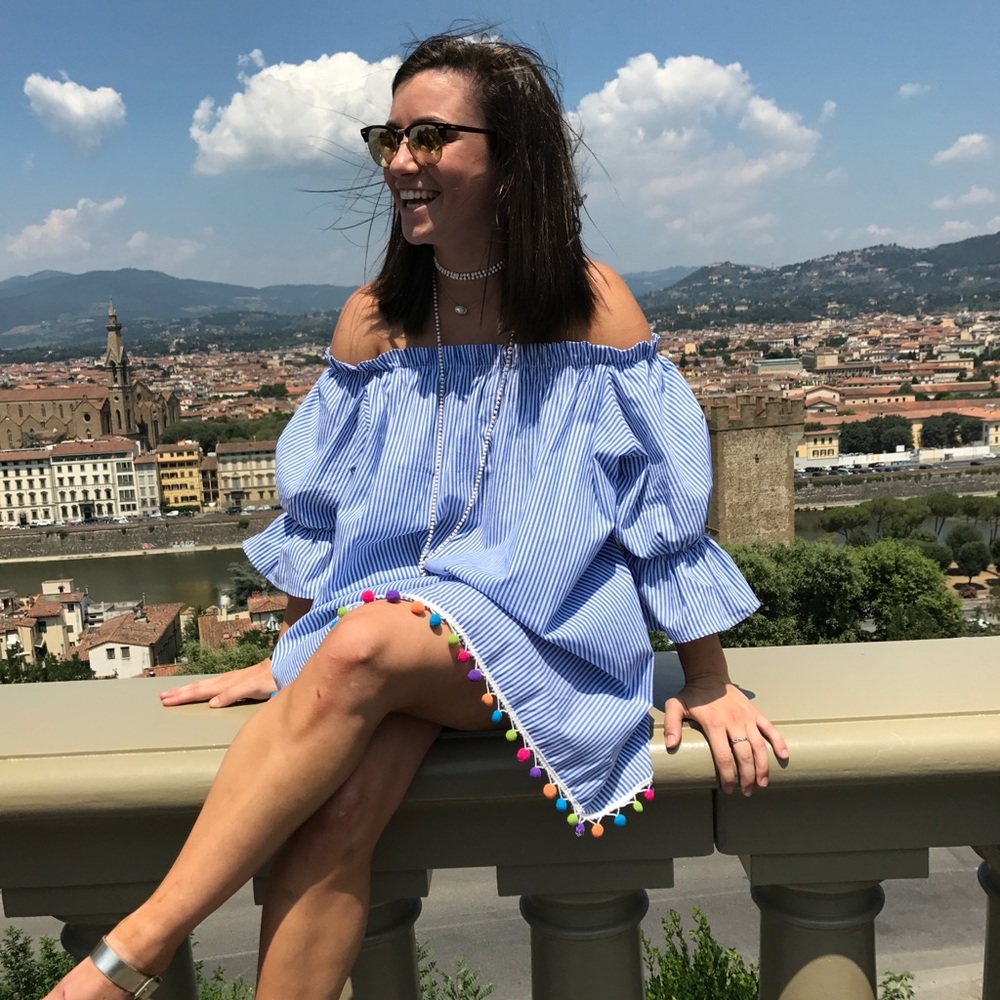 Off the shoulder blue and white stripped dress